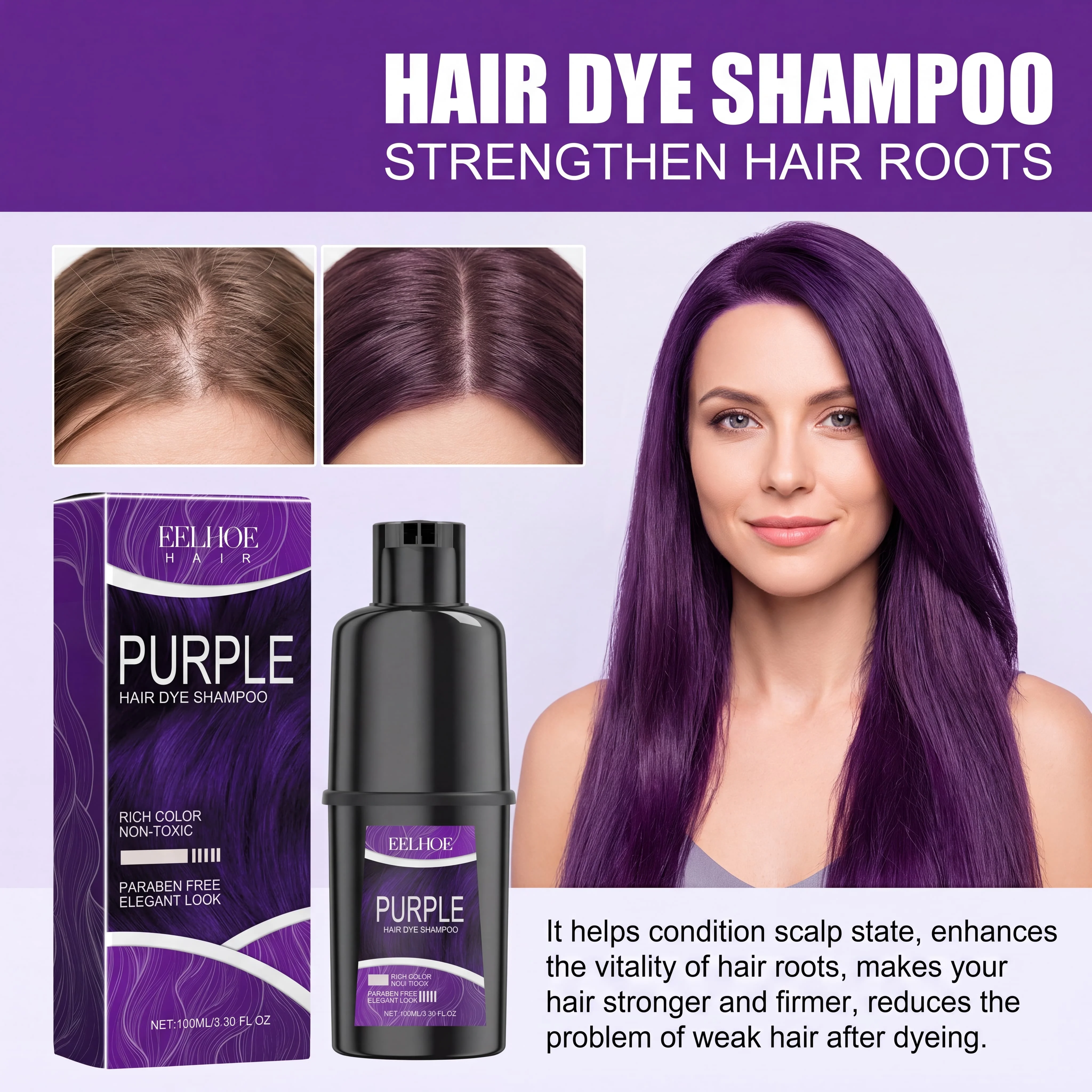 Purple Natural Herbal Hair Color Shampoo For Gray Hair Coverage Long Lasting Color Enhancing Care Nourishing Coloring Shampoo