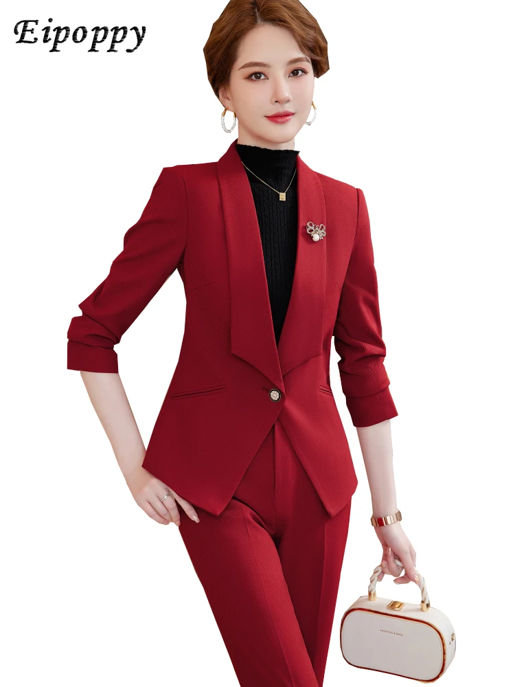 

Office Ladies Work Wear Pant Suit Formal Women Female Red Orange Blue Black Long Sleeve 2 Piece Set Blazer Jacket And Trouser