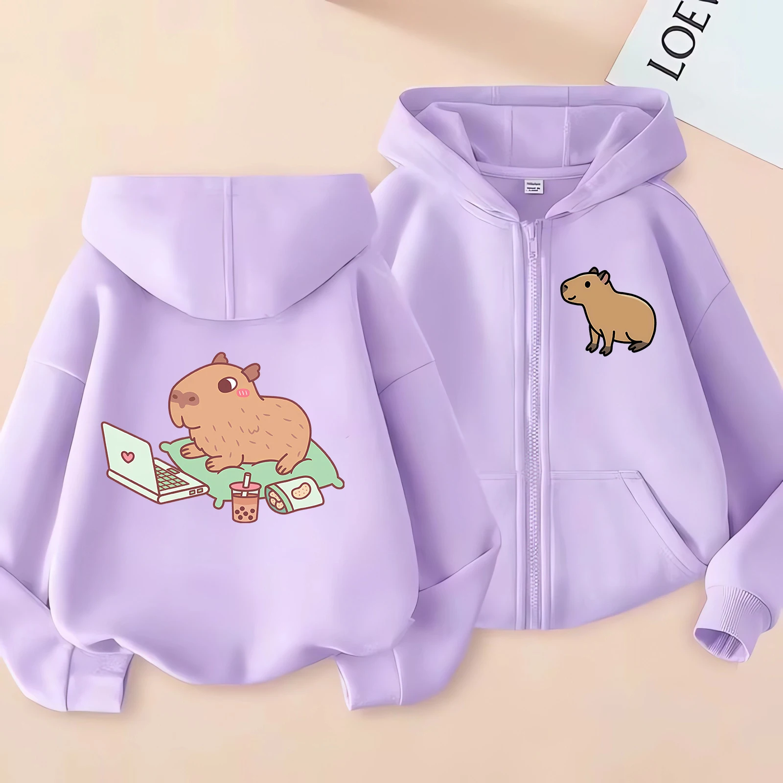 Lustiger Kinder-Capybara-Kapuzenpullover mit Reißverschluss, Kinder-Kapibara-Sweatshirt, Manga-Kleidung, Kinder-Oberteil für Mädchen und Jungen – Detail 6