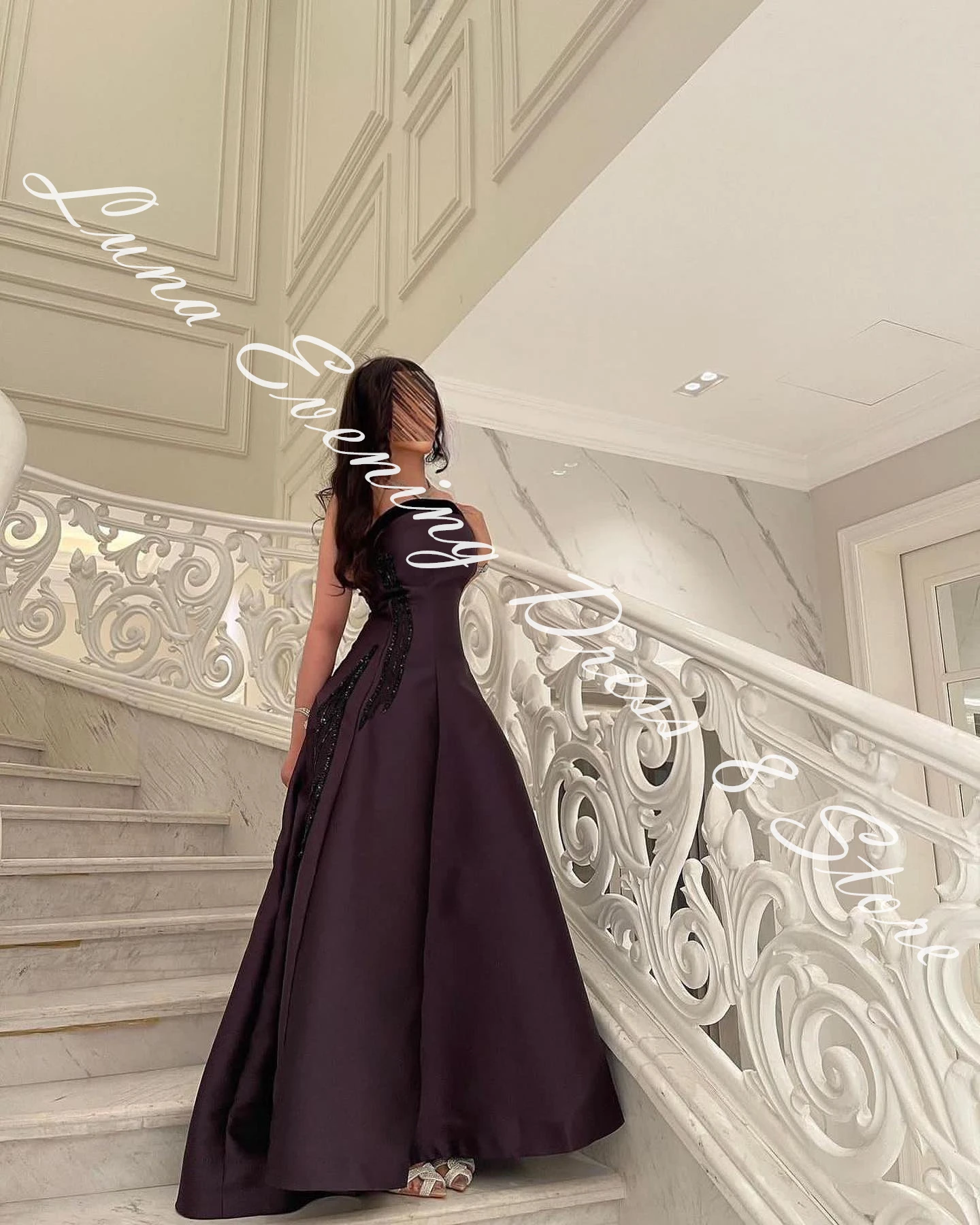 Customized Satin A-Line Detachable Sleeve Sequined Evening Dress Strapless Floor Length Panel Train Photo Color Exquisite image 4