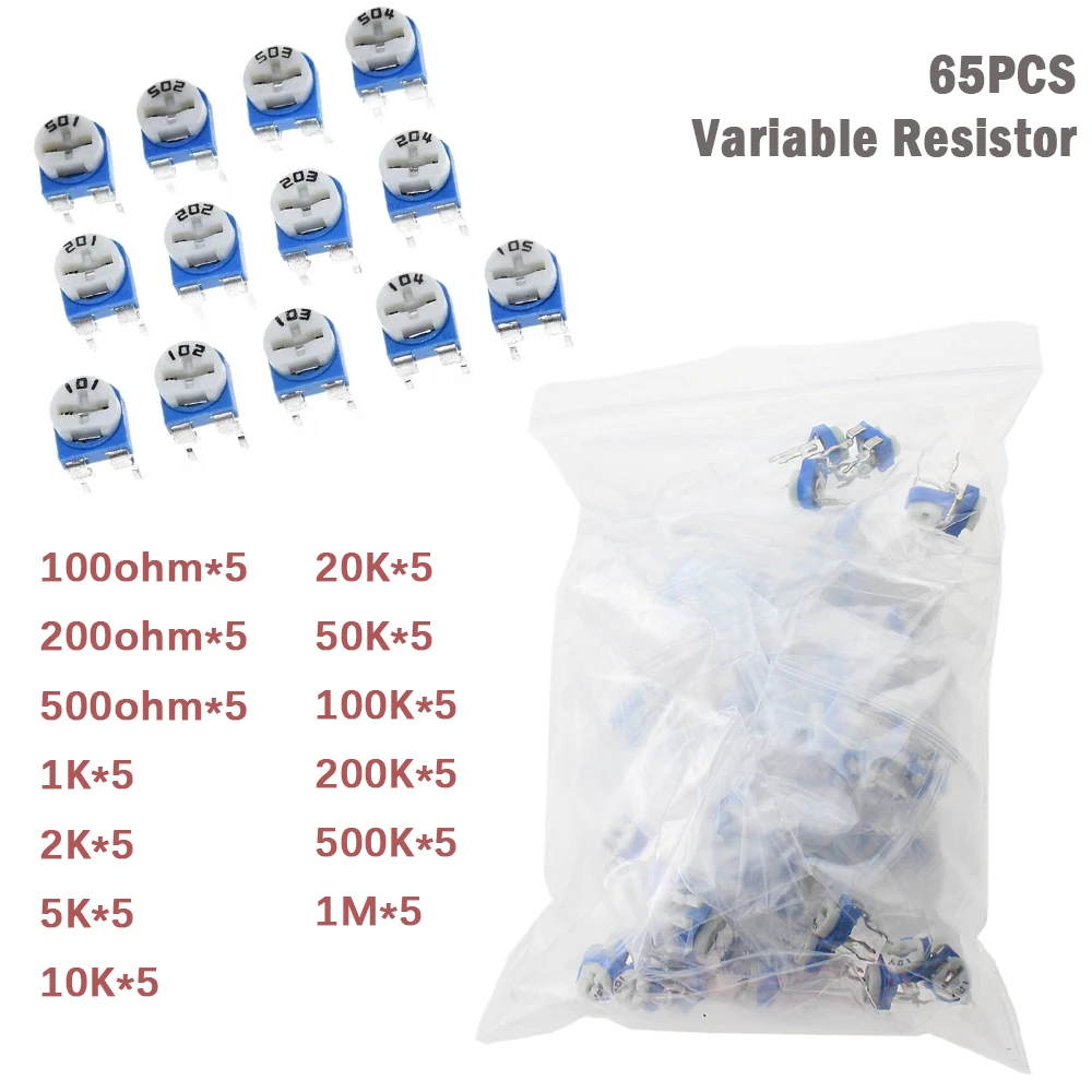 65PCS Trimmer Potentiometer RM065 Adjustable Resistance 100R~1M Potentiometers 1K 5K 20K 50K 100K 500K 1M Variable Resistors