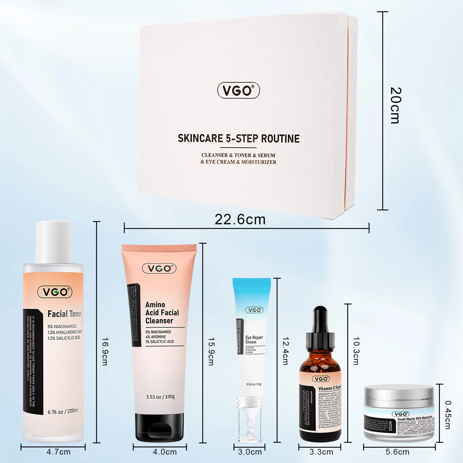 VGO 5 Buah Set Perawatan Kulit Pembersih Toner Krim Mata Serum VC Krim Siput Anti Penuaan Pemutih Hidrasi Perbaikan Kulit untuk Jenis Kulit