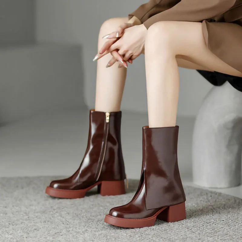 

High quality women's leather thick soled boots solid color fashionable and casual riding boot