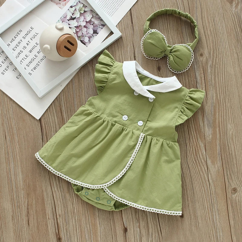 IYEAL Baby Girl Pure Cotton Dress 2025 Spring/Summer Banana Collar Baby Sleeveless Bodysuits  Dress With Hair Band