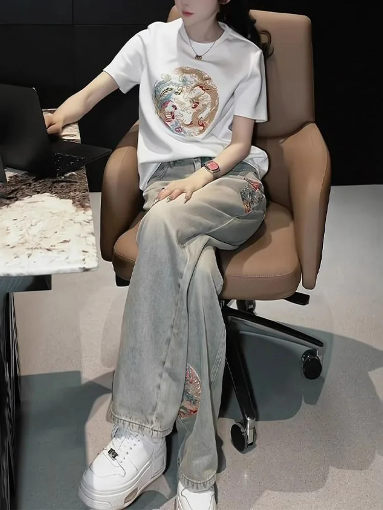 엘레 중국 스타일 자수 스키니 진 하이웨이스트 롱 팬츠 여성용 봄 여름 패션 트렌디 코튼 블렌드 데님