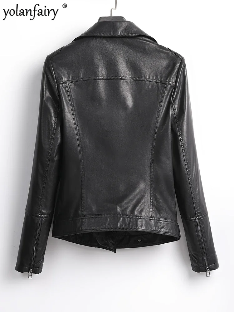 Xhl368-Chaqueta de piel de oveja para mujer, abrigo de piel auténtica para motocicleta, color negro, para primavera, 2022, 100%