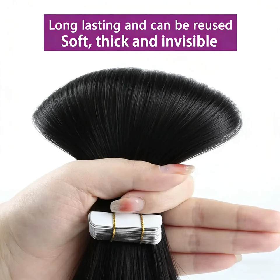 Extensiones de cabello con cinta adhesiva en color natural, cabello humano virgen, liso sedoso, invisibles con cinta, color #4 para mujer, 50 g, 20 piezas 5