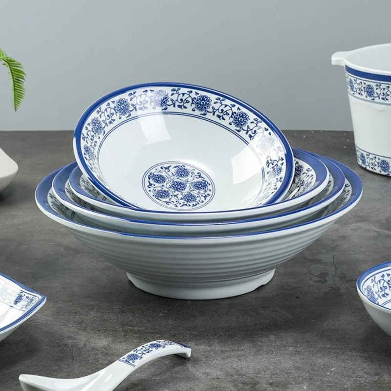 Blue And White Imitation Porcelain Dinner Plates Snack Tray  Soup Rice Bowl Spoon Plastic Creative Hotel Restaurant Sushi Plate