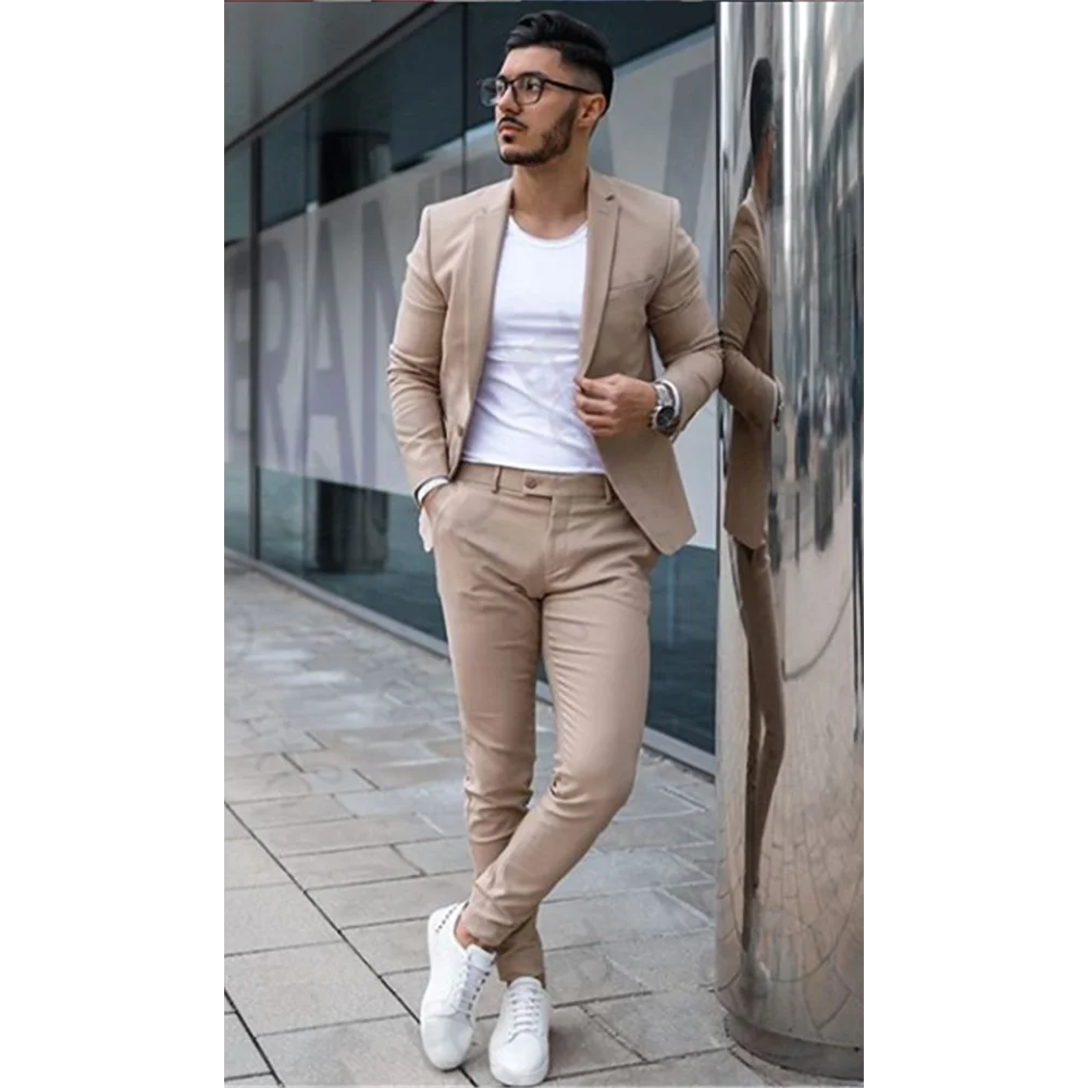 

Summer Fashion Male Suit Khaki Notch Lapel Chic Men Suits Business Casual Slim Fit 2 Piece Groom Wedding Blazer Jacket Pants