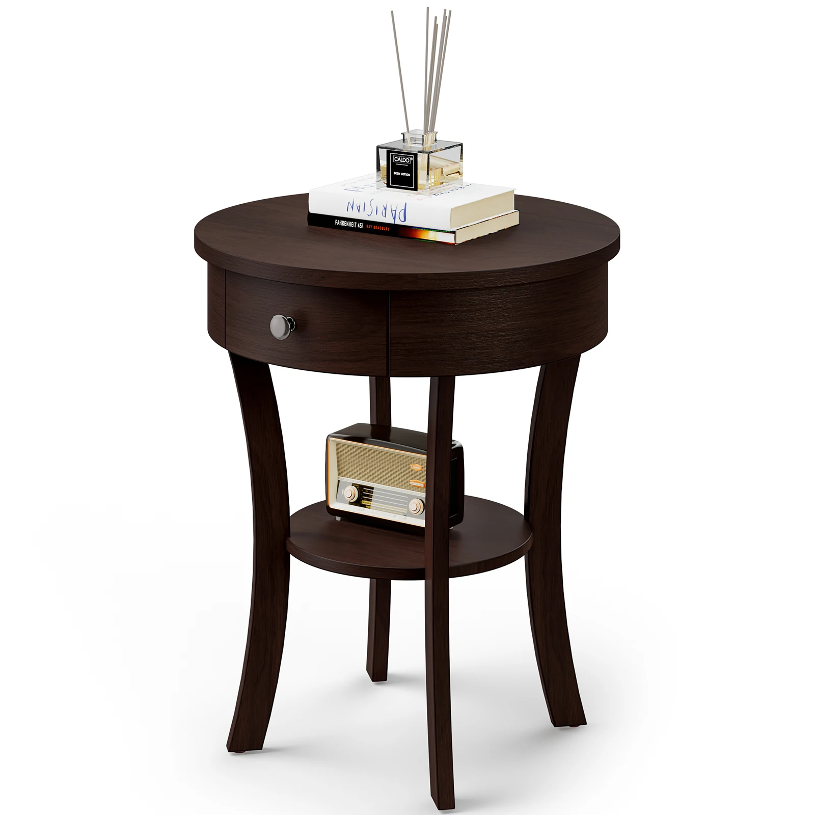 2-tier Side End Sofa Table Round Nightstand for Bedroom Living Room Espresso