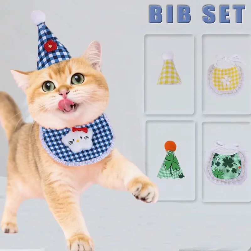 

1 Set Pet Bibs, Star-flowered Four-leaf Clover Checkered Lace Saliva Towel Hat Set, Cat & Dog Clothing Matching