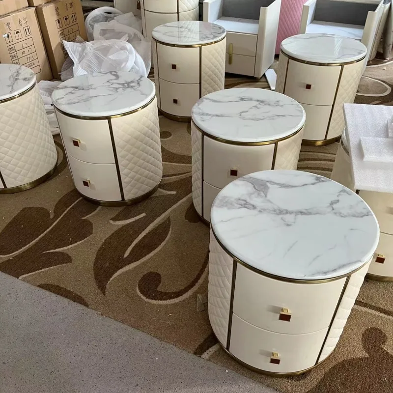 Bedside table Round solid wood bedside marble Nordic bedroom Italian minimalist high-end side storage cabinet
