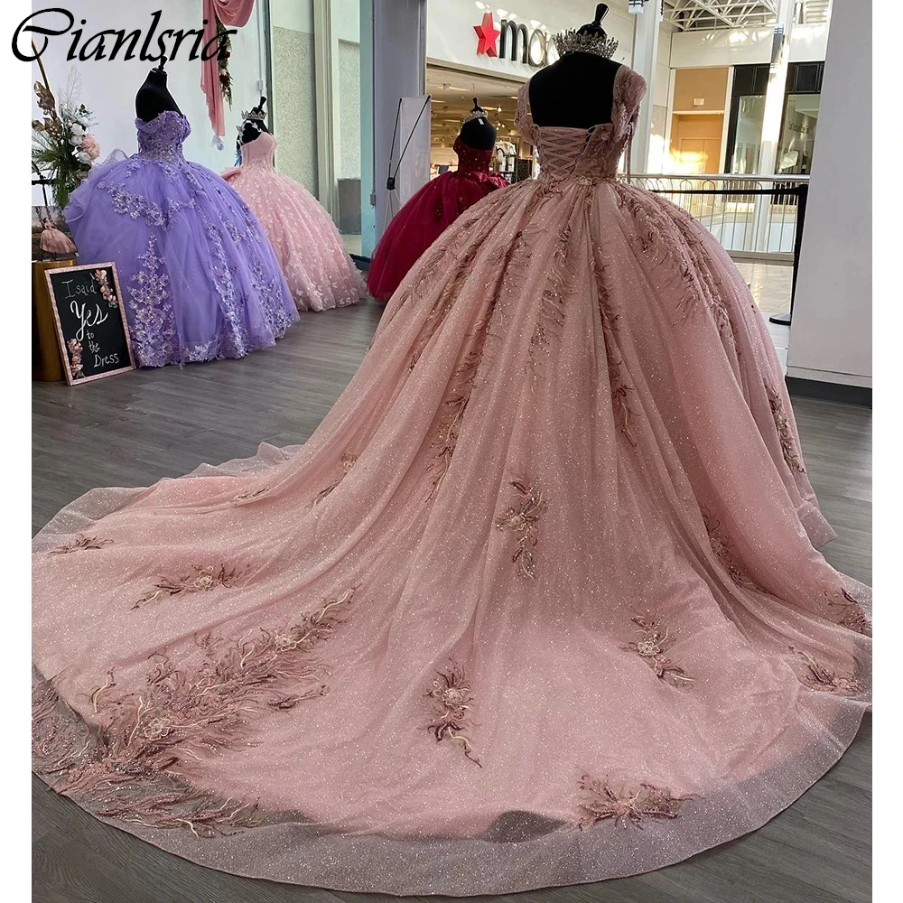 

Pink Pearls Beading Pleat Quinceanera Dresses Ball Gown Off The Shoulder Appliques Lace Corset Vestidos De 15 Años