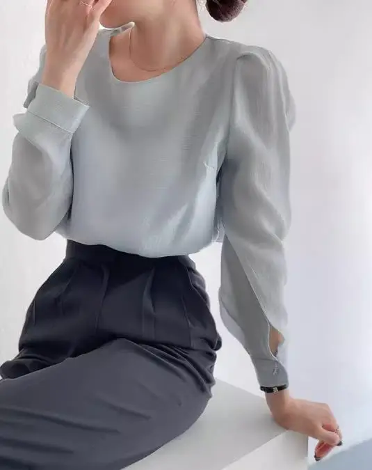 

Autumn Pure Color Elegant Women's Micro Perspective Pure Desire Chiffon Shirt Round Neck Bubble Sleeves Slim Fit Chiffon Shirt