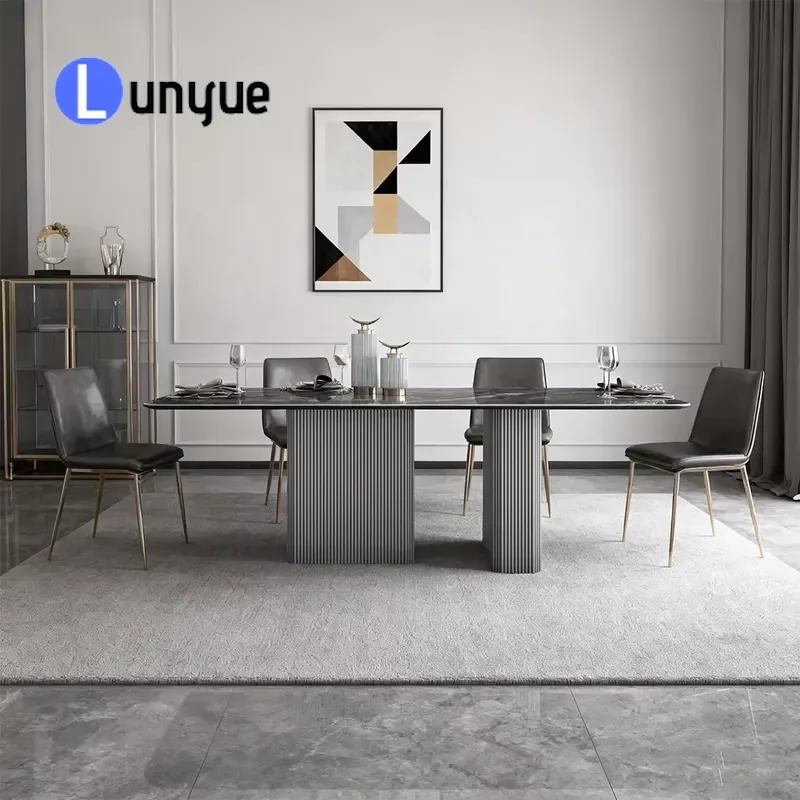 Luxury Silver Table Legs Black Burnt Stone Design Rectangle Dining Table and Chair Set for Hotel Kitchen Home Furniture