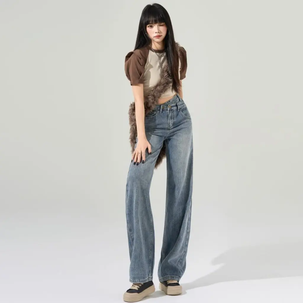 

Spice Girl Lazy Style High Waist Straight Tube Jeans Slimming Wide Leg Trendy All-match Irregular Design Casual Fashion