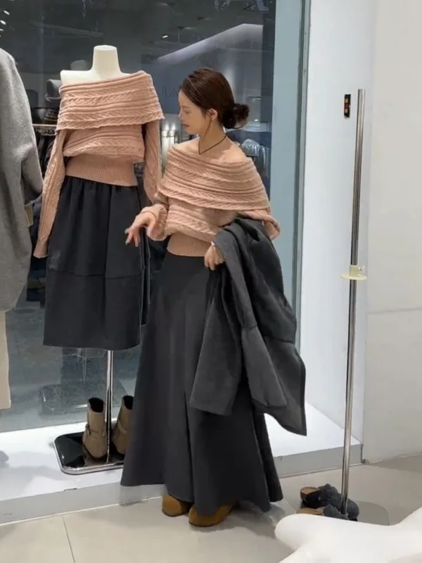 

Модный вязаный свитер с одним открытым плечом, облегающий топ для женщин, зимний, с длинным рукавом, удобный, мягкий, средней плотности