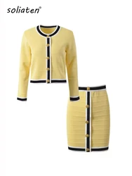 2024 Lady Fall Winter French Style Long Sleeve Women Single Breasted Colorblock Skinny Knits Cardigan High Waist Skirt C-185