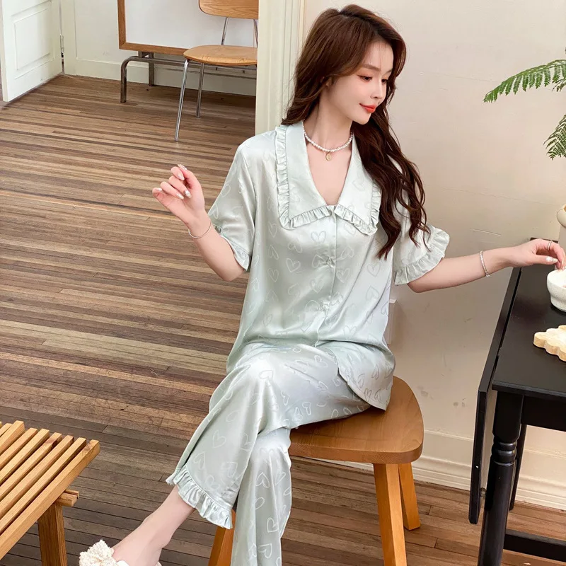 2024 Summer New Pajamas Women's Korean Popular Ice Silk Fabric Fashion Home Clothing