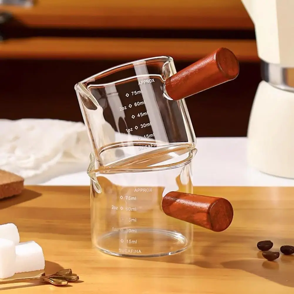 Measuring Cup with Wooden Handle 100ml Glass Measuring Cup with Wood Handle for Espresso Milk Double Scale Coffee Mug for Coffee