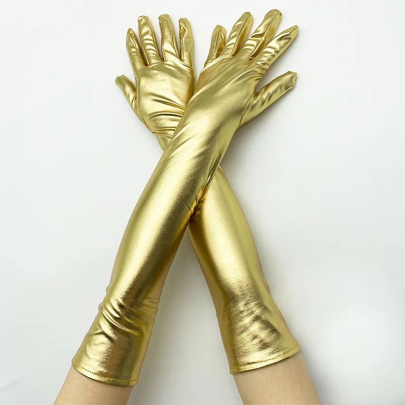 Gold Silver Wet Look Fake Leather Metallic Gloves Evening Party Performance Mittens Women Sexy Elbow Length Long Latex Gloves