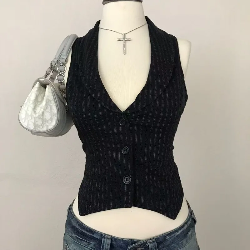 

Retro Sexy Hottie Vest American High Street Fashion Sleeveless Vest Black Stripe Subculture Shirt Tanks Women Slim Harajuku Tops