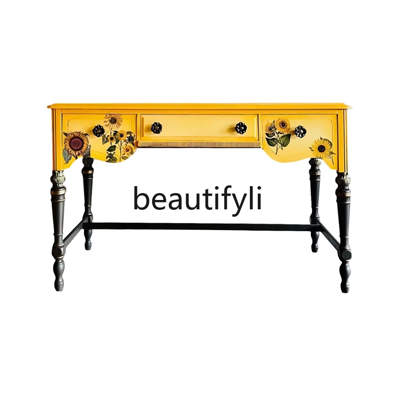 

French retro Xuanguantai solid wood carving art hand-painted American light luxury wall desk