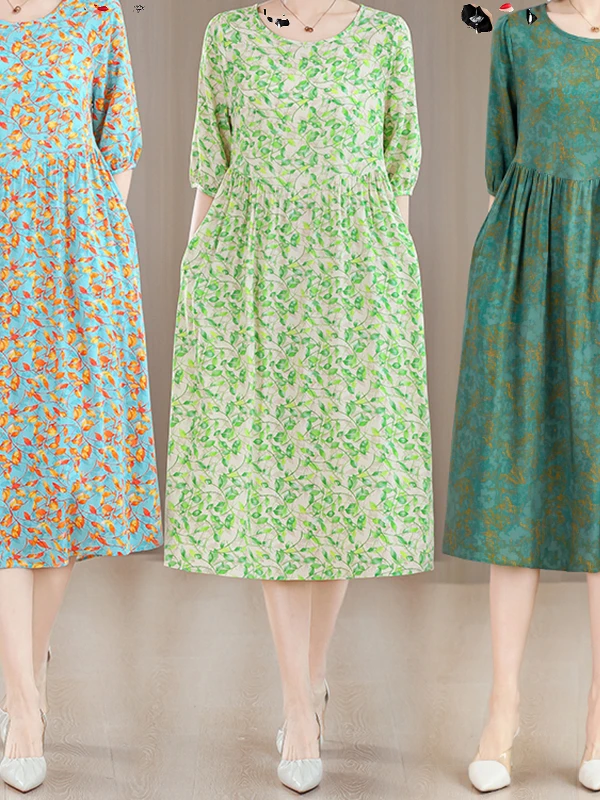 A-ligne Midi coton soie Dr femmes ample été imprimé haut de gamme sentiment maman ventre couvrant minceur Princ robe