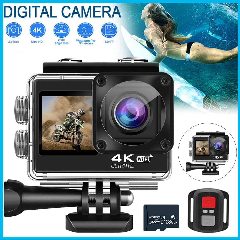

Экшн-камера 128 ГБ HD 4K 4K/30 кадров в секунду WIFI камера 170 градусов широкоугольная 30 м подводная водонепроницаемая камера для записи видео на шлеме