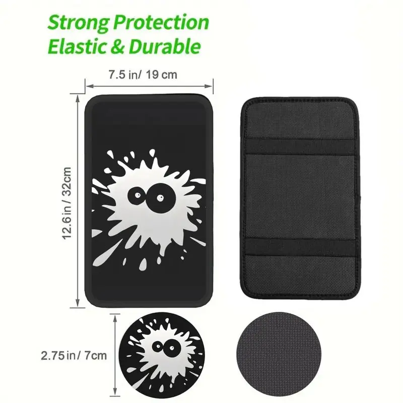 1Pc Car Armrest Cover & 2Pcs Cup Coasters, White Splash Monster Print, Auto Interior Goods For Scratch & Aging Prevention