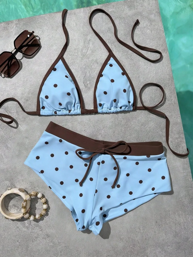 Women's Polka Dot Brazilian Bikini Set Sexy Triangle Top Exposed Back Side Slotted Thong Bottom Two-Piece Swimsuit