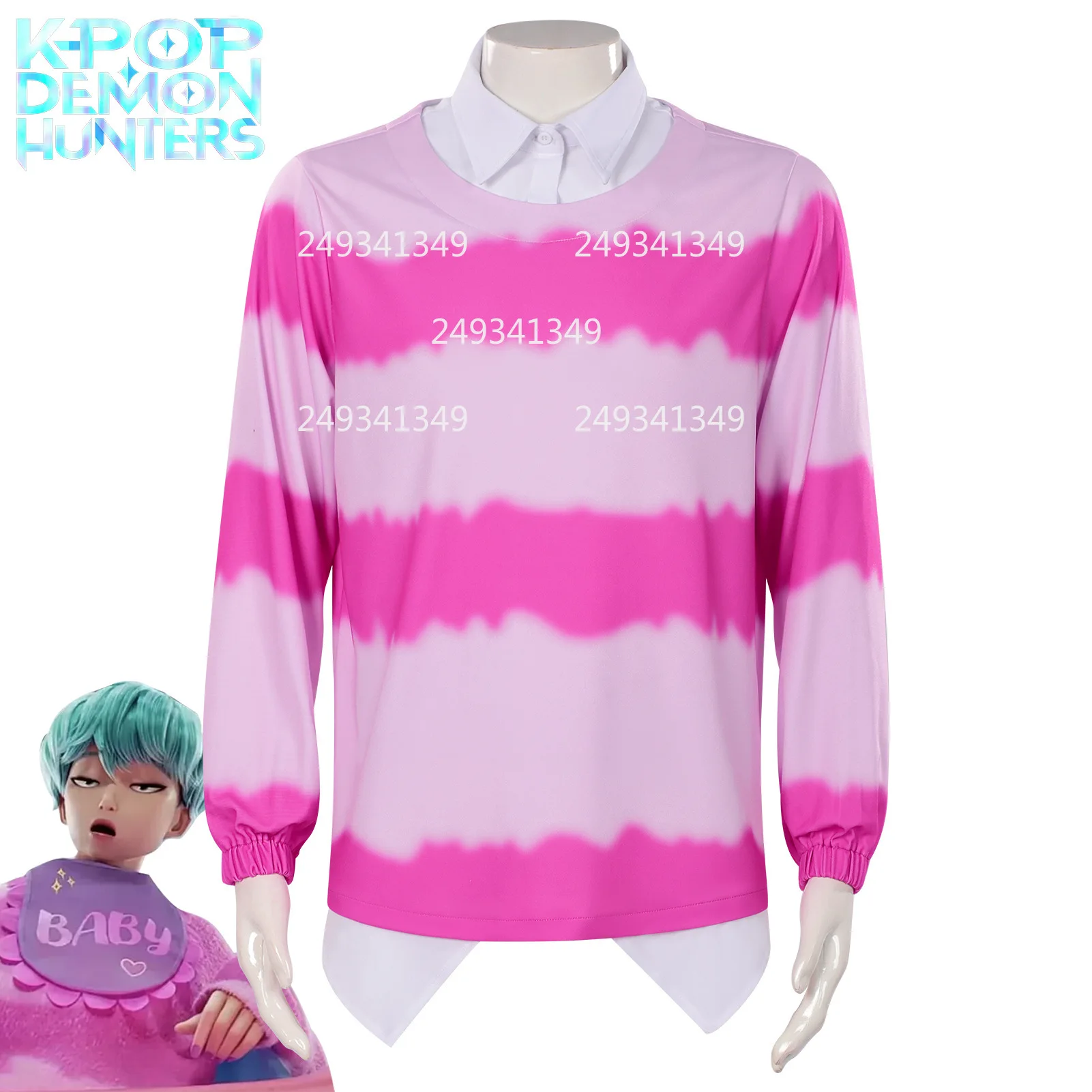 

Kpop Demon Hunters Baby Cosplay Costume Saja Boys Pink Stripe Faux two-piece Shirt Movie Dress Up For Man Halloween Stage Outfit