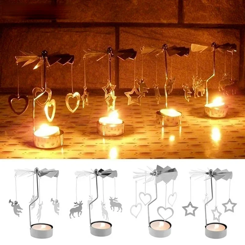 Christmas Decorations Spinning Rotary Metal Carousel Tea Light Candle Holder Stand Light Xmas Gift Candelabra for Home