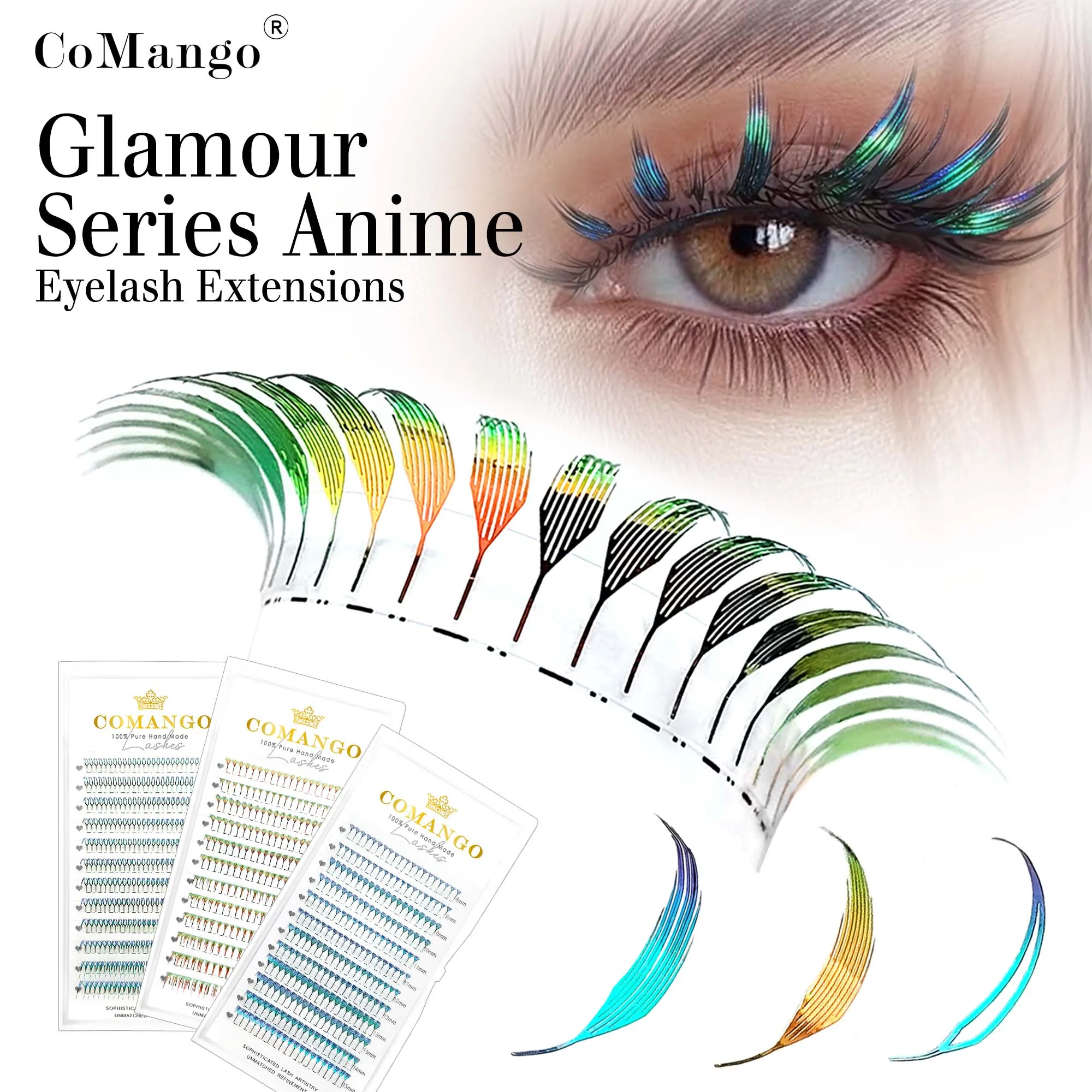 CoMango Farbenfrohe, glamouröse Manga-Spire-Wimpernverlängerungen C/D-Curl Comic-Wimpern Glänzende falsche Wimpern Anime für Wimperndesigner