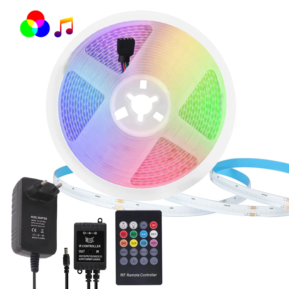 12V RGB COB LED Strip Light 20key Remote Control Music Sync EU Power Kit 840LED/m High Bright Density Flexible Lights Tape