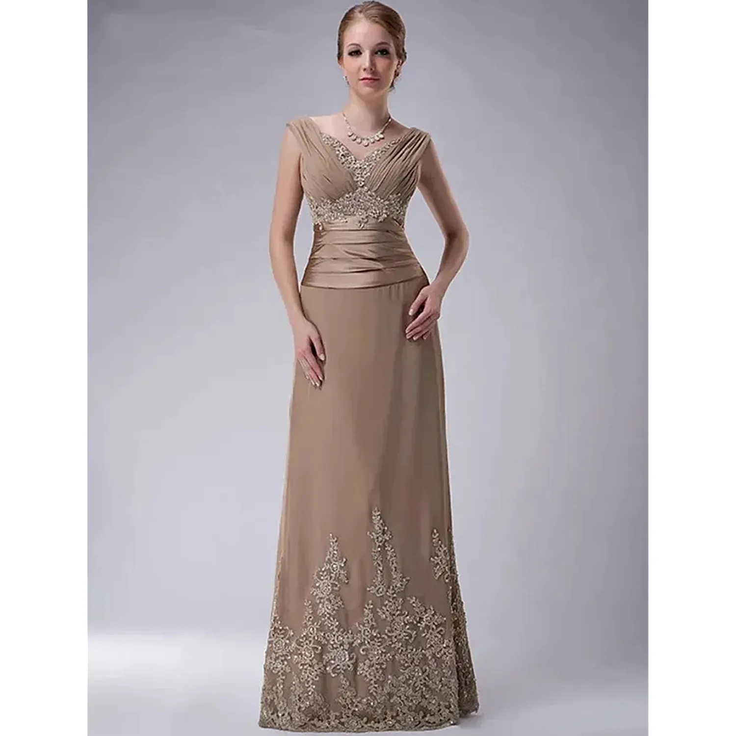 Vestidos marrones elegantes para madre de la novia, hasta el suelo Apliques de encaje, satén recto, vestidos de fiesta formales, vestido de invitados de boda