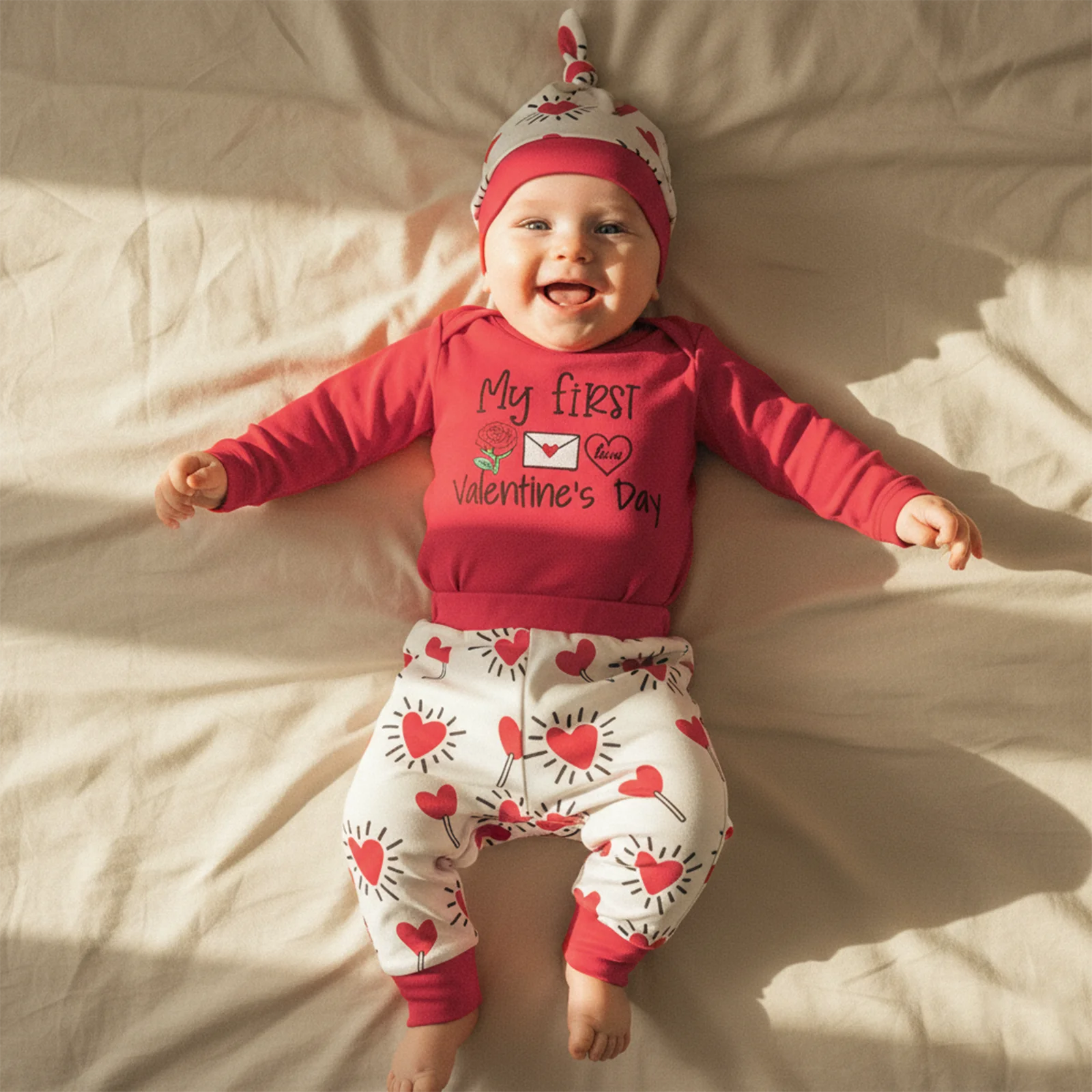 Baby Boy My First Valentine's Day Outfit Letter Print Long Sleeve Romper Heart Candy Pattern Long Pants and Hat 3Pcs Set