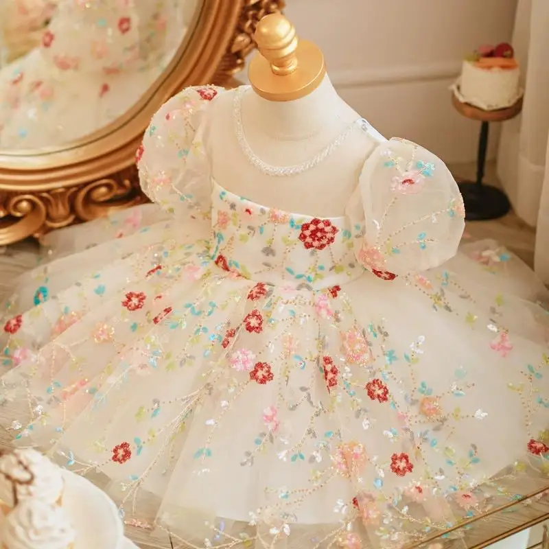 Customized Customized O-neck Sequined Embroidered Flowers Flower Girls Dresses Ball Gown Princess Dress Puff Sleeve Sweet Perfor