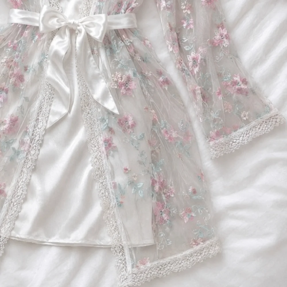 Thin Lace Women's Pajama Dress Flowers Embroidered Ice Silk Suspender Nightdress Split Sleepwear Slim Sling Nightgown Party Club