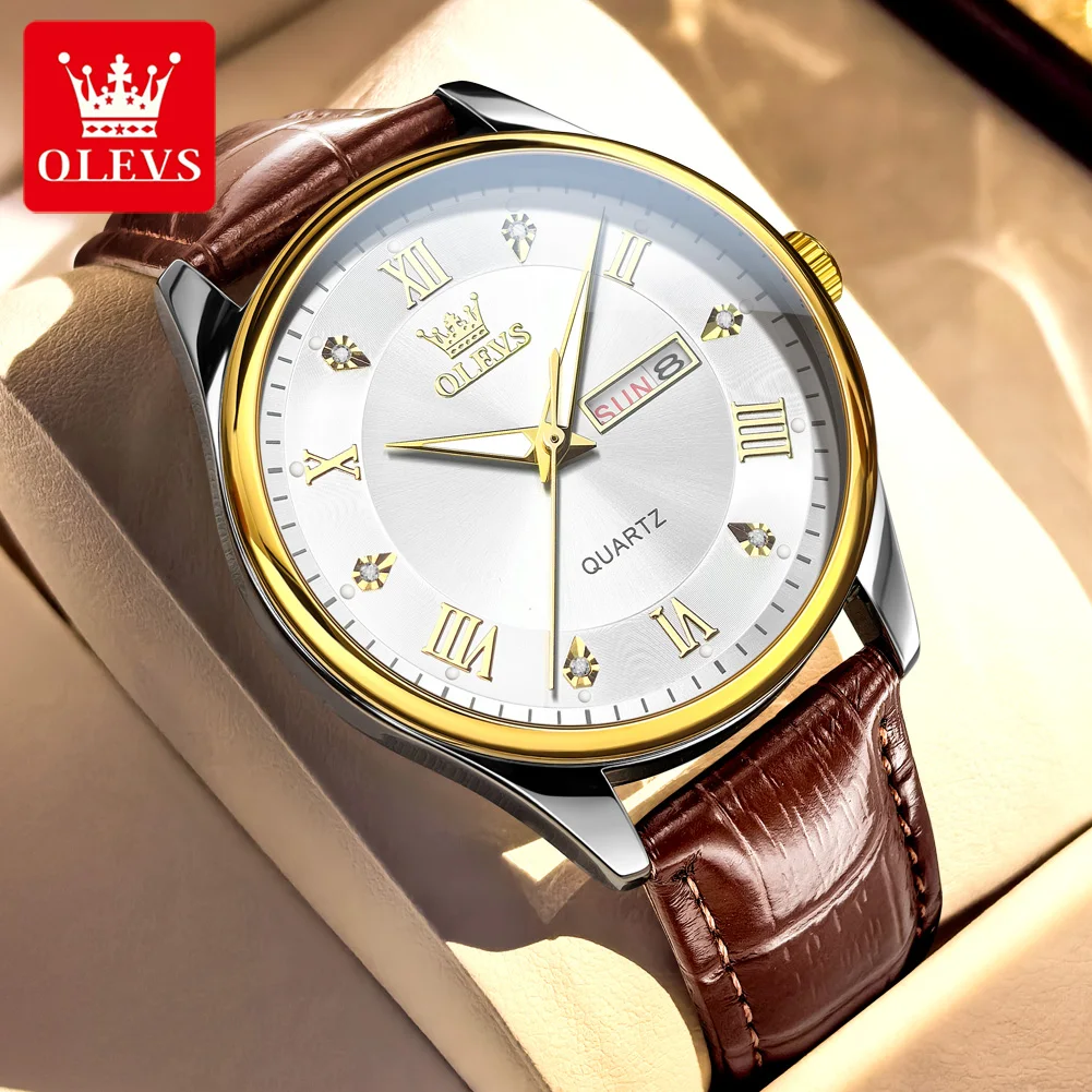 OLEVS 3649 Mens Watch Original Casual Fashion Quartz Watch Waterproof Luminous Leather Strap Watches For Man And Woman Gift Box