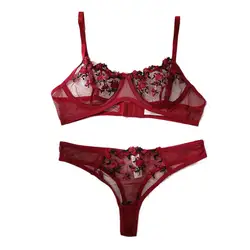 2024 New Wine Red Embroidery Floret Transparent Lingerie Woman Push Up Ventilate Underwear G-string Erotic Bra Set Sexy Outfits