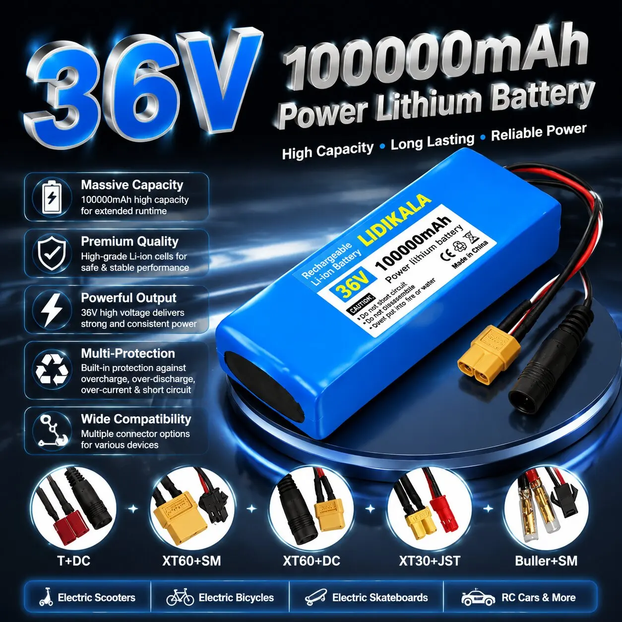 18650 10S2P 36V 100000mAh Lithium-Ionen-Akkupack mit integriertem BMS-Schutz, wiederaufladbarer Akku, Ersatzteil für 500W Elektroroller, E-Scooter, E-Bike