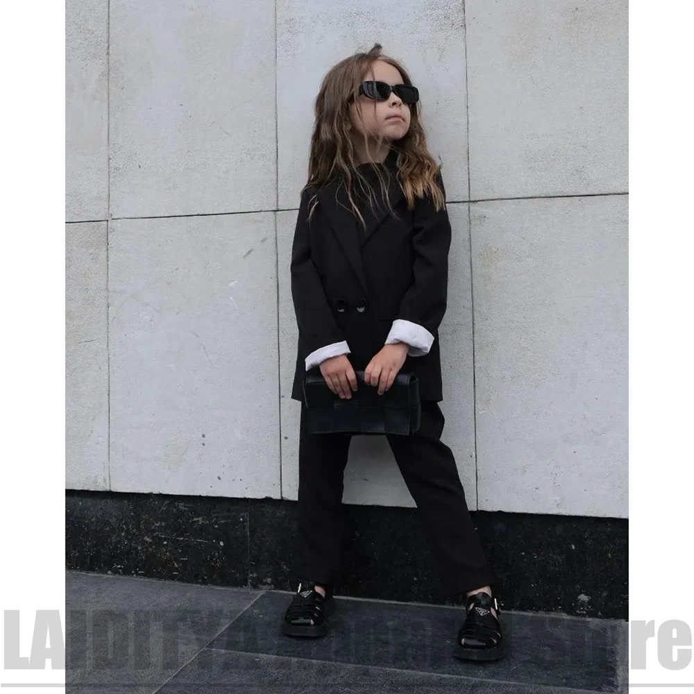 

Girls Double Button Blazer Straight Pants 2 Piece Kids Suit Streetwear Daily Photoshoot Birthday Children Fashion Casual Outfit