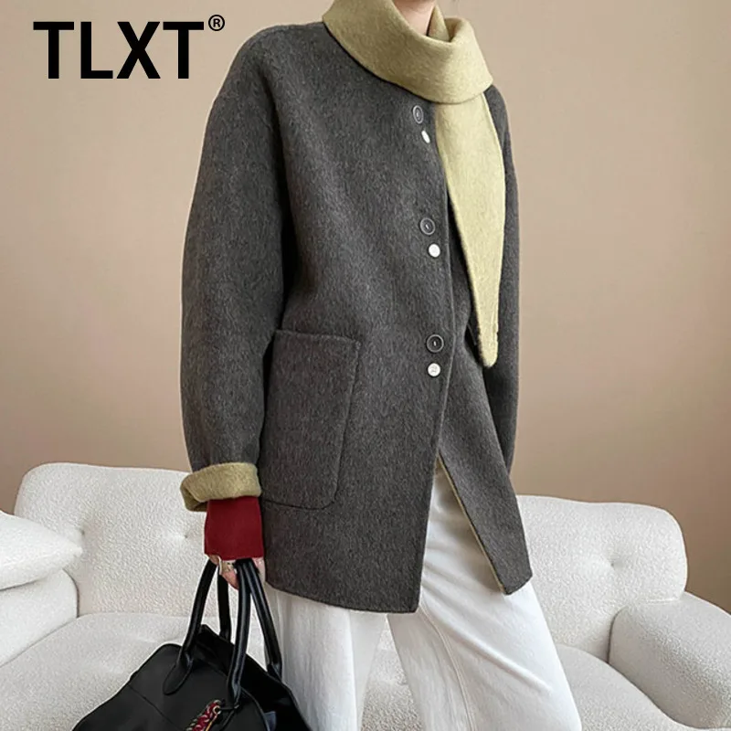 

TLXT Elegant Women's Classic Versatile Woolen Coats Round Neck Wool Double-Sided With Scarf Coat Female Winter 2025 New Clothing