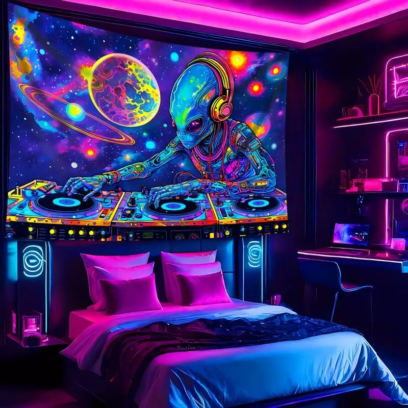 VIKAMA Blacklight DJ Alien Tapestry Neon Turntable Cosmic Galaxy Wall Hanging UV Reactive Psychedelic Music Party Decor