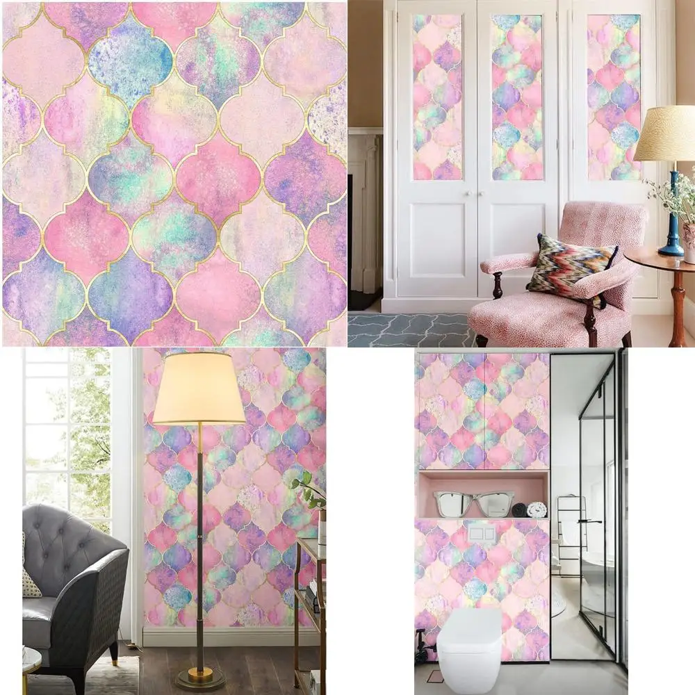 ورق جدران قابل للإزالة بنمط تعريشة متعدد الألوان باللون الوردي لتزيين الحائط والديكور الفني الجداري