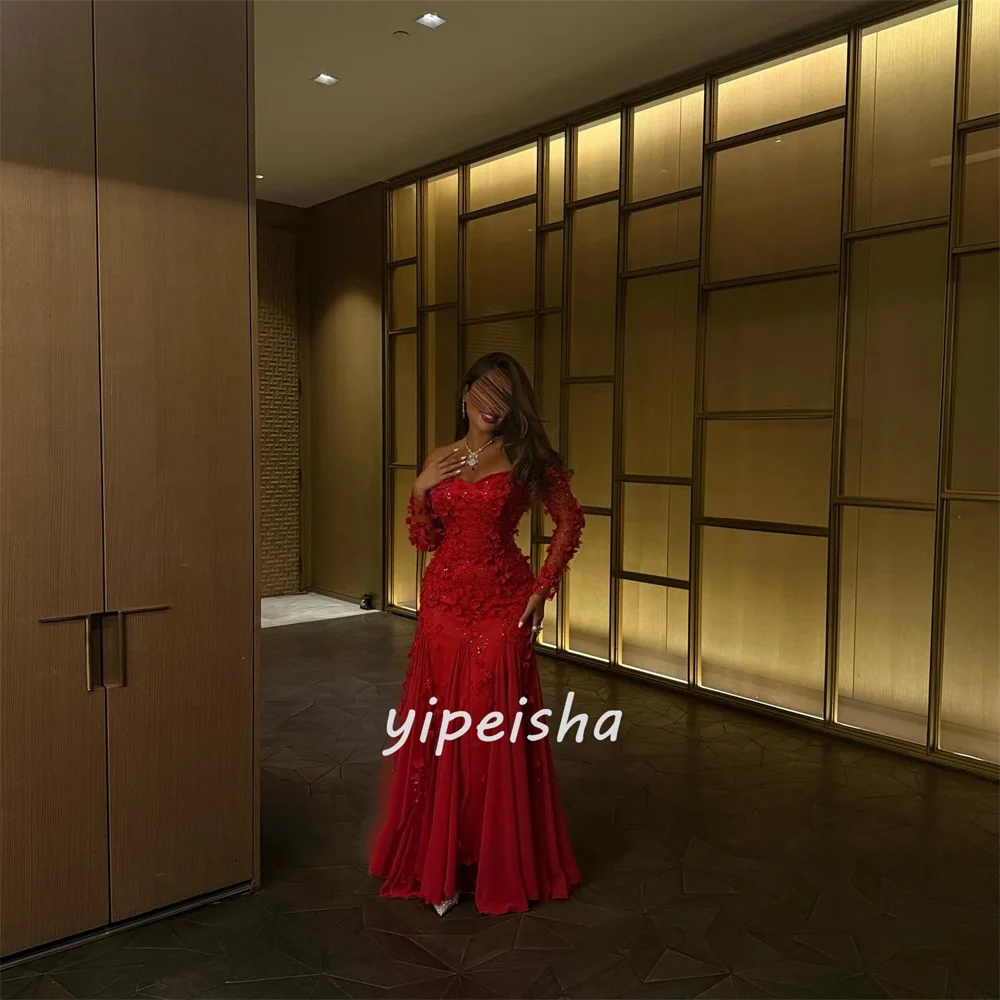 Customized Matching Intricate Chiffon Handmade Flower Rhinestone Mermaid Off-the-shoulder Long Dresses Bespoke Occasion Dresses