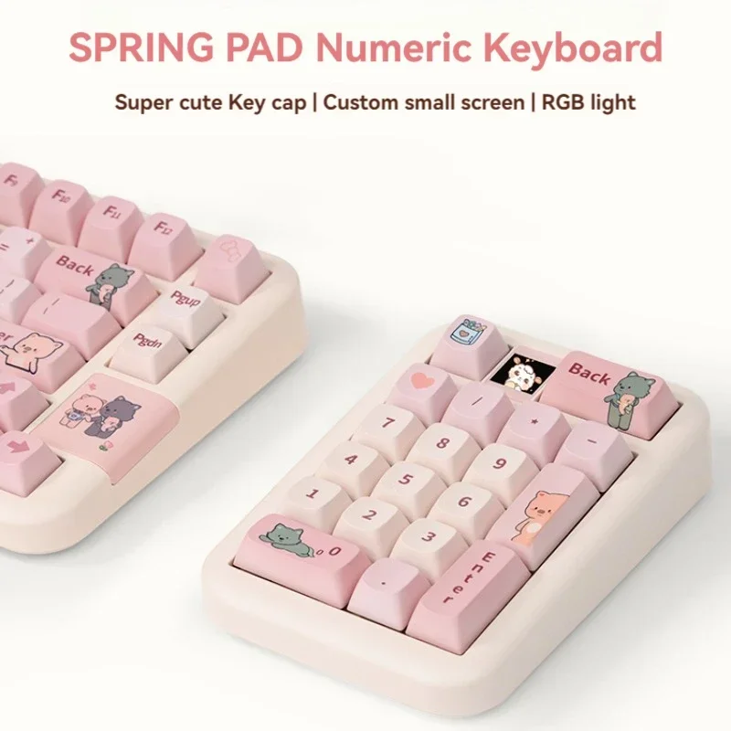 pad teclado mecanico sem fio rosa bonito mini teclado numerico tri mode personalizado rgb hot swap recarregavel portatil jogos escritorio 01