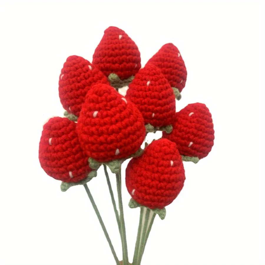 

5PCS Strawberry Artifical Flower Bouquet Valentine's Day Gift Hand Knitting Homemade Wool Crochet Bouquet Art Birthday Gifts