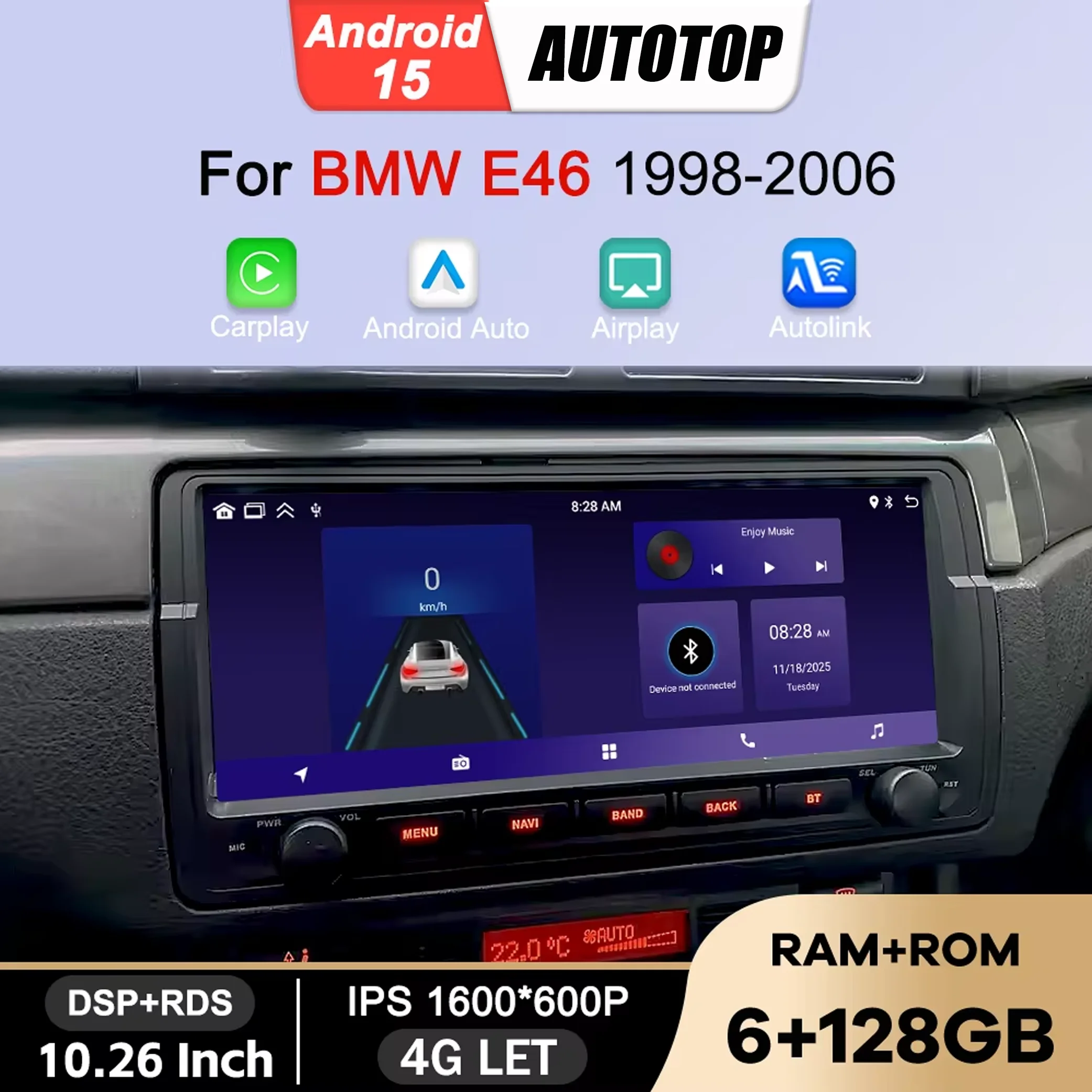 Autoradio da 10,26 pollici per BMW E46 M3 318/320/325/330/335 Rover 75 Coupé GPS Multimedia Wireless CarPlay Android Auto BT DSP RDS
